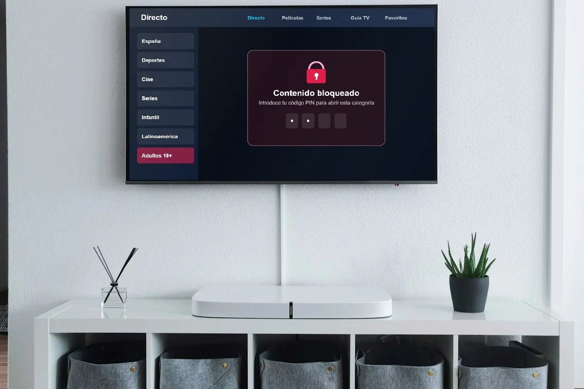 Lista IPTV adultos en una Smart TV: categoría para adultos bloqueada con código PIN